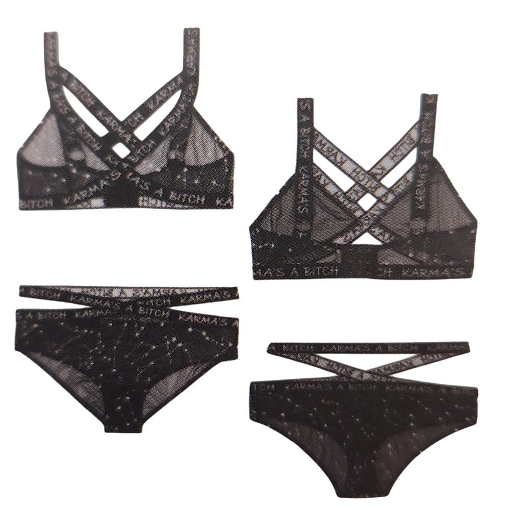 NWT Fantasy Celestial Mesh Strappy Lingerie Bralette & Panty Set M/L Sheer Black